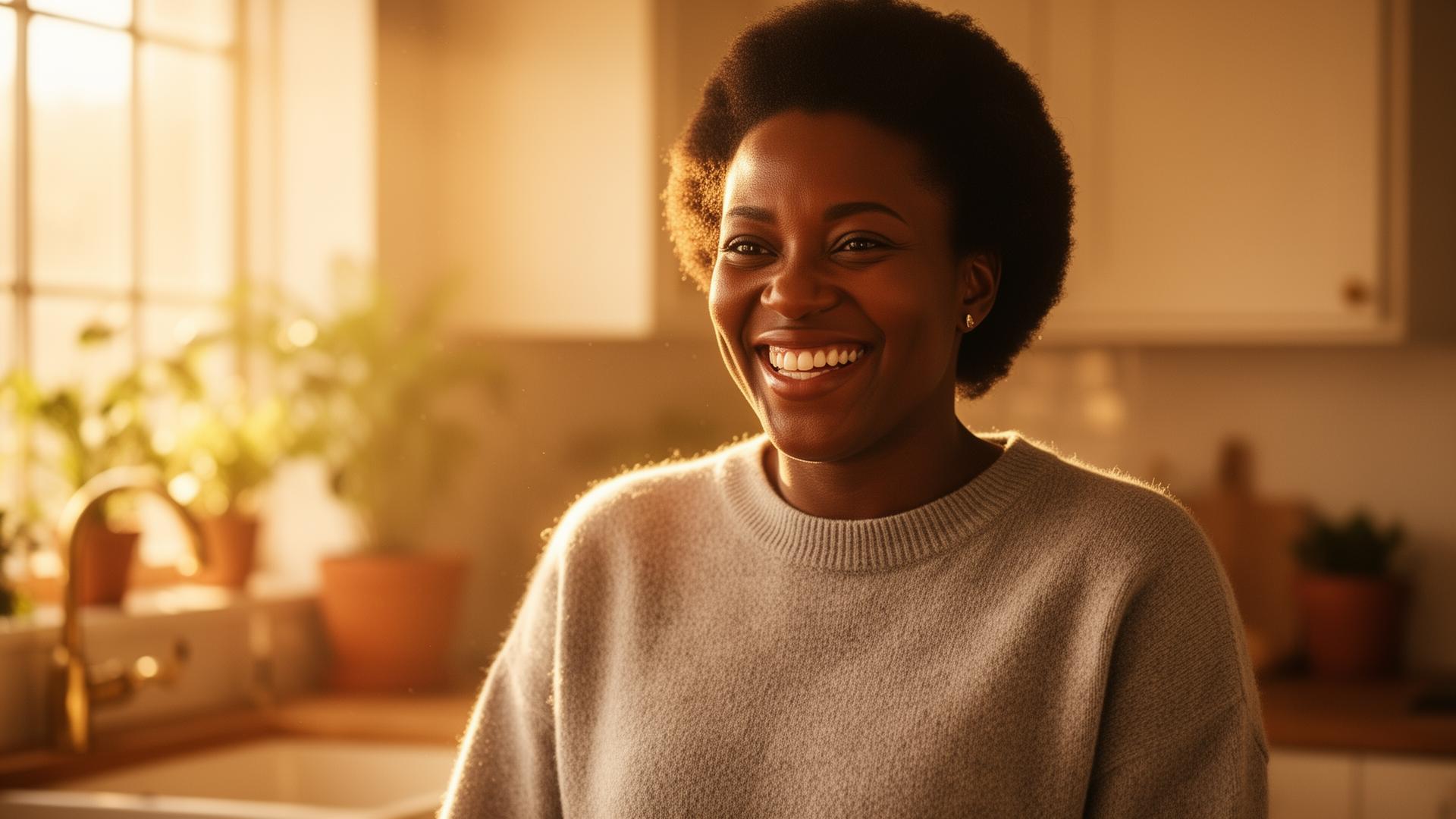 Smiling woman in a warm sunlit kitchen